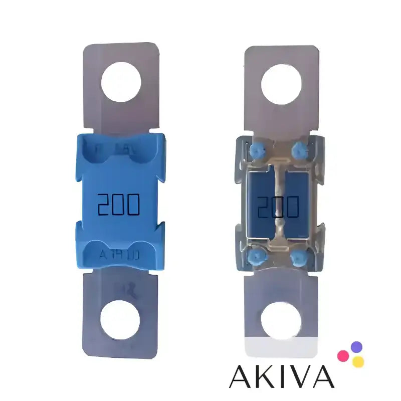Two blue 200 Amp MEGA-Fuse 200A 58V for 48V products in a single unit display