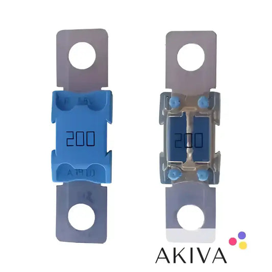 Two blue 200 Amp MEGA-Fuse 200A 58V for 48V products in a single unit display