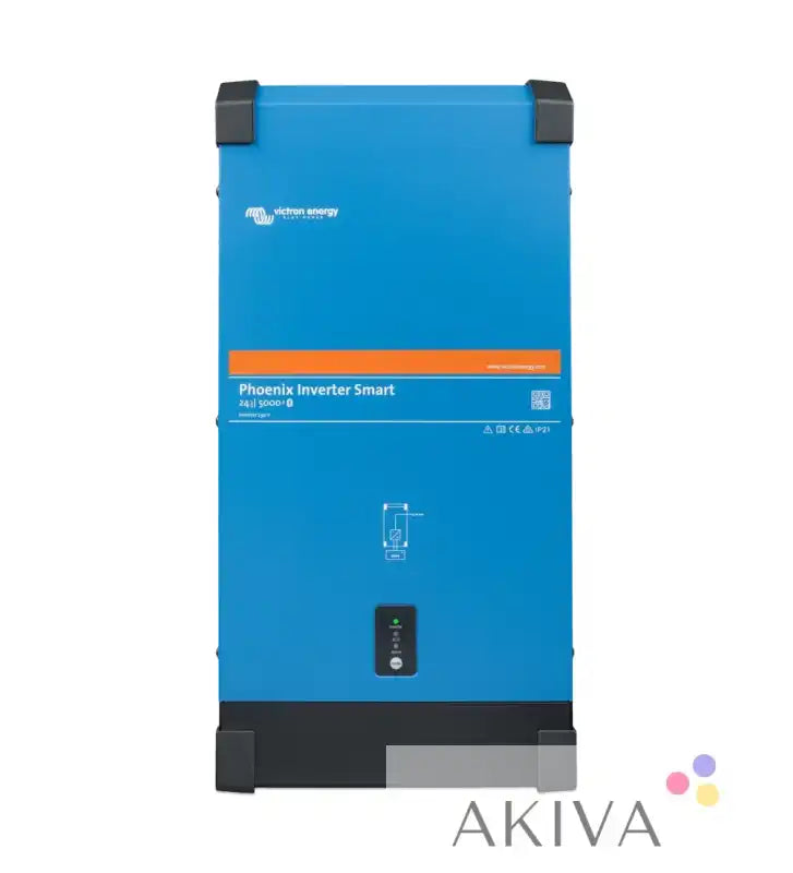Blue rectangular phoenix inverter 24/5000 230v smart by victron energy with orange stripe for off-grid power solutions