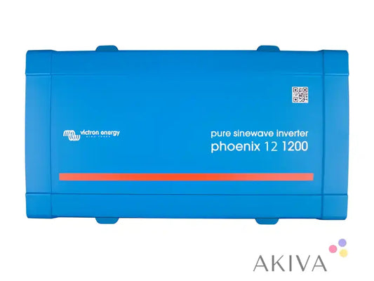 Bright blue phoenix inverter 12 1200 with orange stripe by victron energy for off-grid power solutions and campervan systems