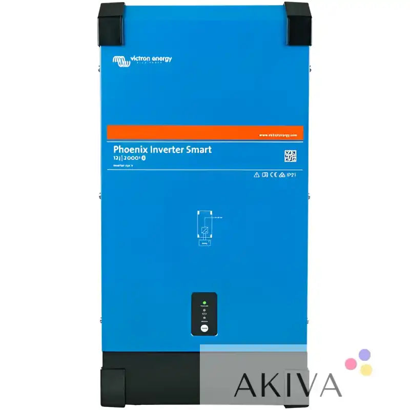 Blue rectangular Victron Energy Phoenix Inverter 12/2000 230V Smart with black corners and green indicator light for off-grid power solutions