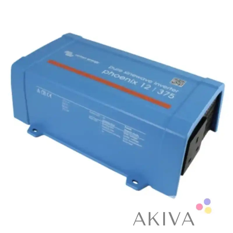 Blue rectangular phoenix inverter 12/375 with orange stripe for off-grid power solutions and campervan electrical systems by Victron Energy