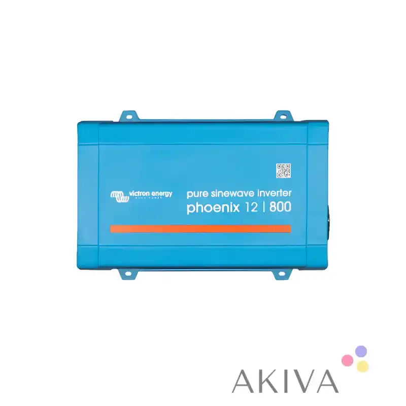 Blue rectangular Victron Energy phoenix inverter 12/800 with orange accent and direct IEC for off-grid power solutions