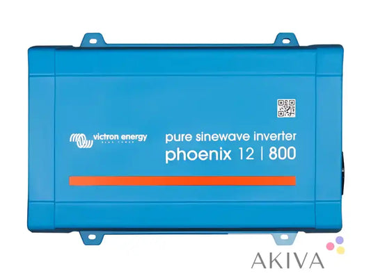 Blue plastic victron energy phoenix inverter 12 800 with orange accent stripe for off-grid power solutions and campervan electrical systems