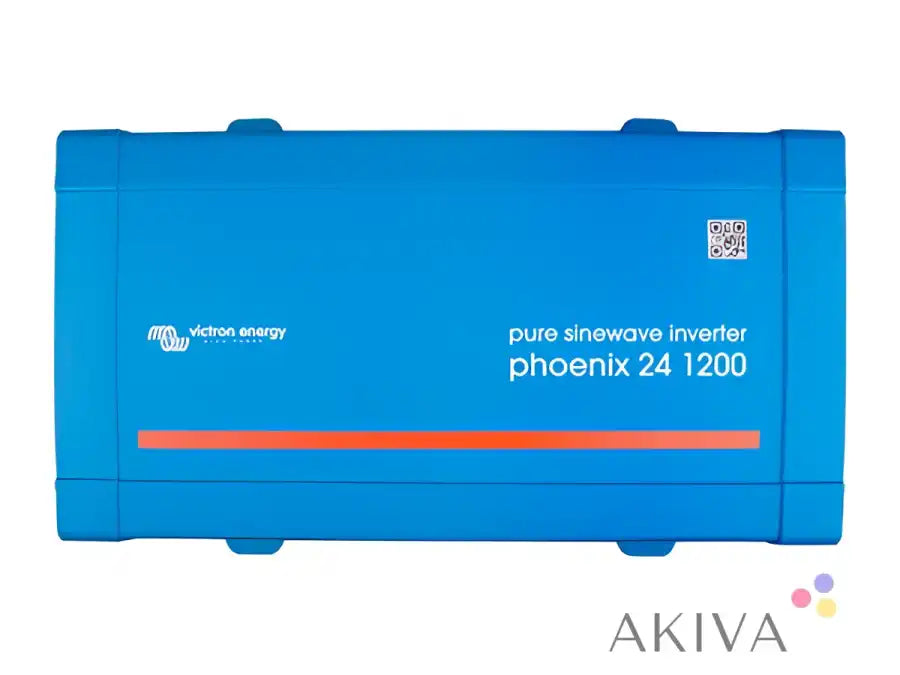 Blue rectangular Victron Energy Phoenix Inverter 24/1200 230V with orange stripe for off-grid power solutions and campervan electrical systems