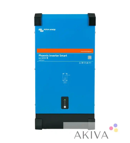 Blue Victron Energy Phoenix inverter 24v 3000w with black corners and green indicator light for off-grid power solutions 230v smart
