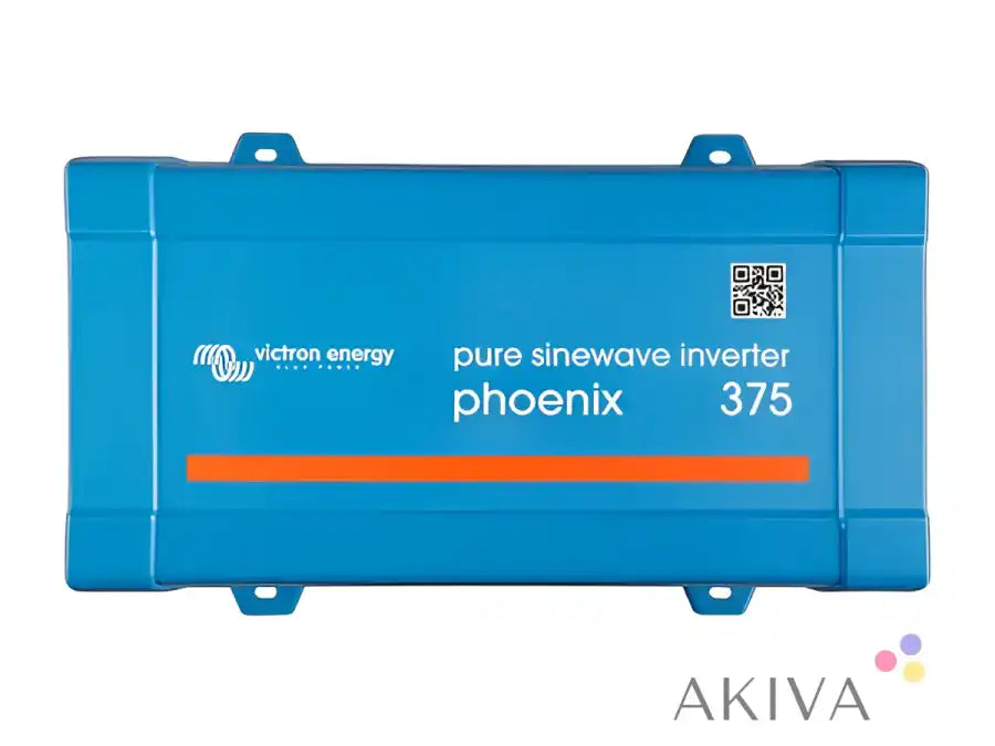 Blue rectangular victron energy phoenix inverter 24/375 230v with orange stripe and qr code for off-grid power solutions