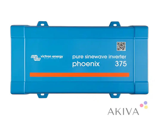 Blue rectangular victron energy phoenix inverter 24/375 230v with orange stripe and qr code for off-grid power solutions