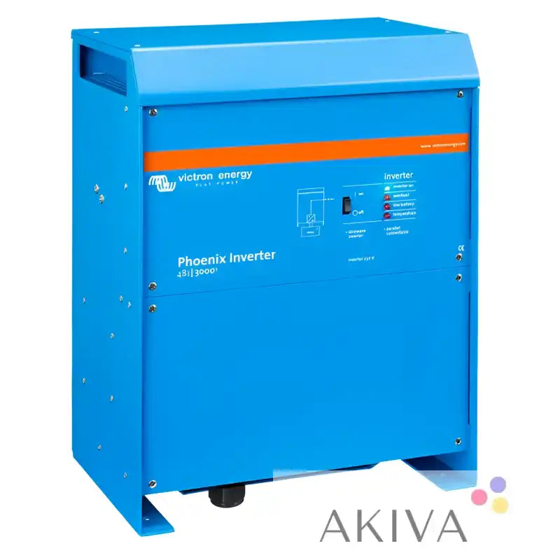 Bright blue phoenix inverter 48v 3000w with orange stripe and control panel for off-grid power solutions in campervans