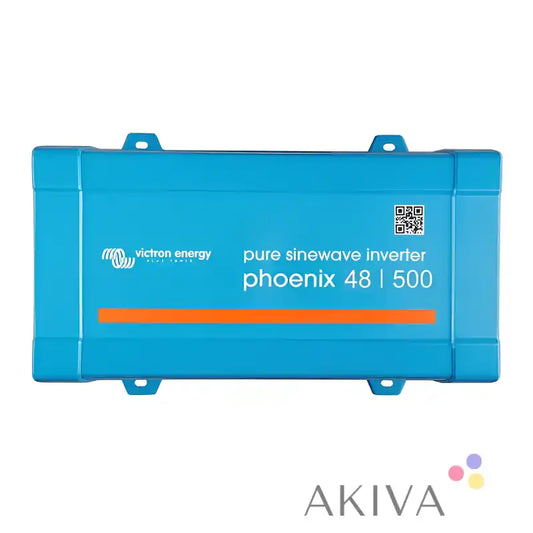 Bright blue rectangular victron energy phoenix inverter 48 500 with orange stripe and direct iec for off-grid power solutions