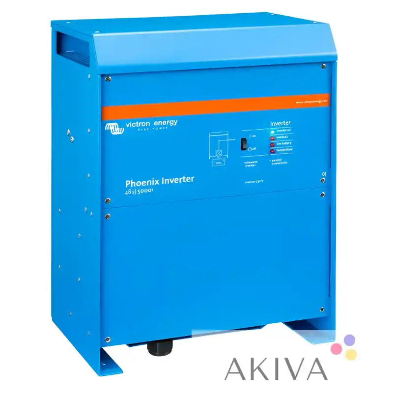 Bright blue rectangular metal phoenix inverter 48v 5000w with orange stripe for off-grid power solutions and campervan electrical systems