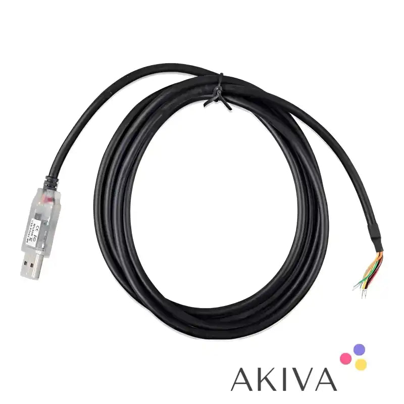 Black USB to bare wire cable for RS485 USB interface, ideal for off-grid power solutions