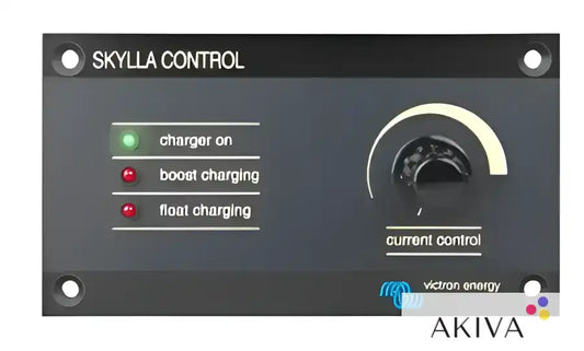Black Skylla Control CE panel with indicator lights and knob for off-grid power solutions