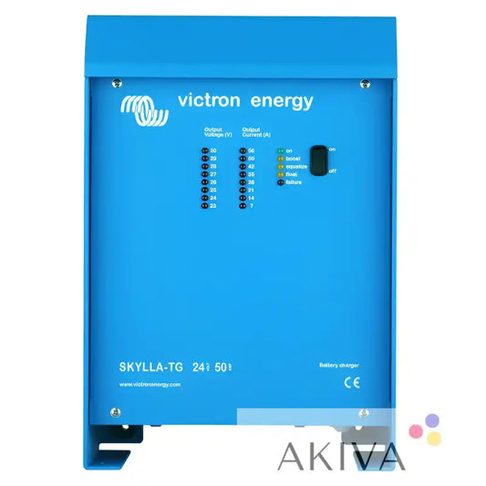 Blue Victron Energy Skylla-TG 24/30(1+1) GL 120-240V battery charger with multiple ports and indicator lights
