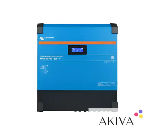 Blue and black SmartSolar MPPT RS 450/200-Tr solar charge controller for off-grid power solutions