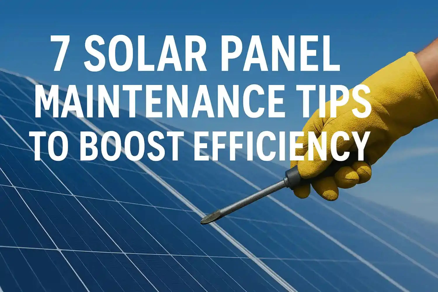 Worker adjusting solar panel with screwdriver under blue sky, text reads “7 Solar Panel Maintenance Tips to Boost Efficiency.