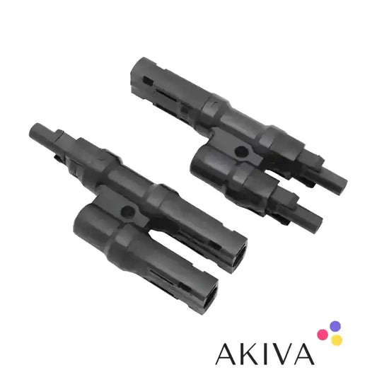 Two black T-shaped electrical connectors for Solar Splitter Pair MC4-Y, 1x M-2F / 1x F-2M