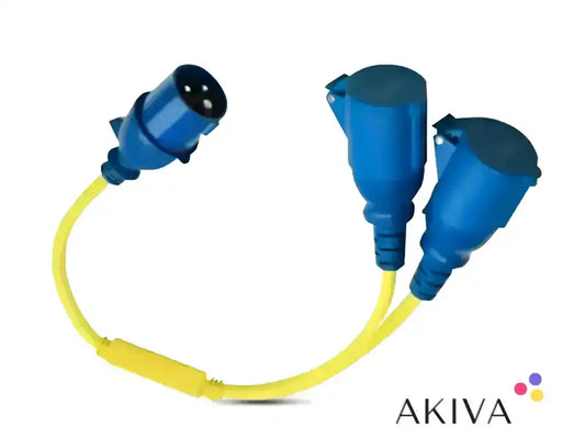Blue and yellow power splitter for Splitter Cord 16A/250V-CEE Plug 2xCEE Coupling