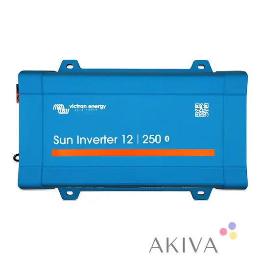 Blue rectangular victron energy sun inverter 24/250-10 iec with orange accent stripe and mounting brackets for off-grid power solutions