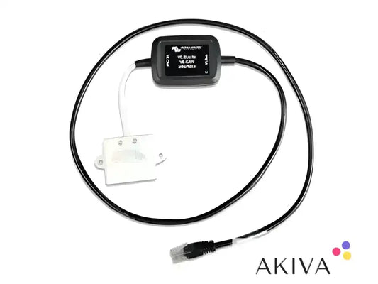 Black VE.Bus to VE.Can interface box with cables for off-grid power solutions available