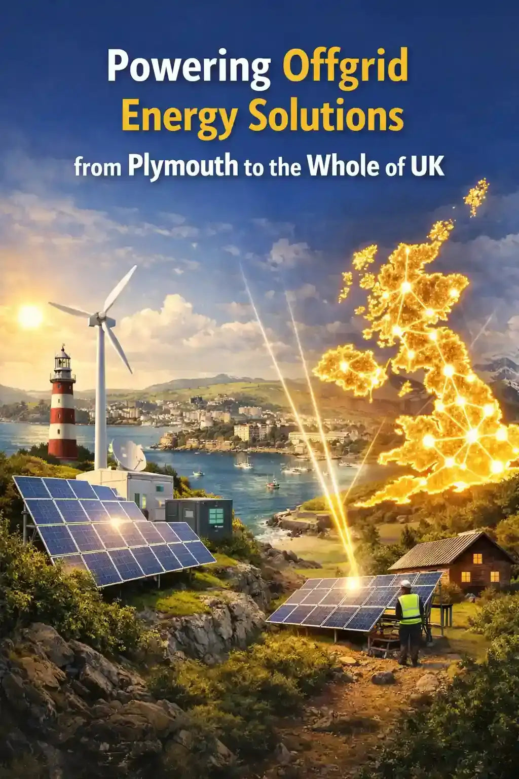 A vibrant, digitally rendered poster advertising off-grid energy solutions from plymouth to the whole of uk.
