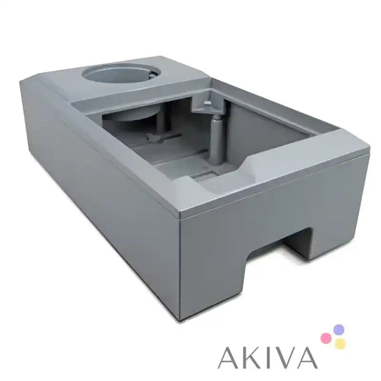 Gray plastic car cup holder with integrated lid, suitable for wall mounted enclosure use