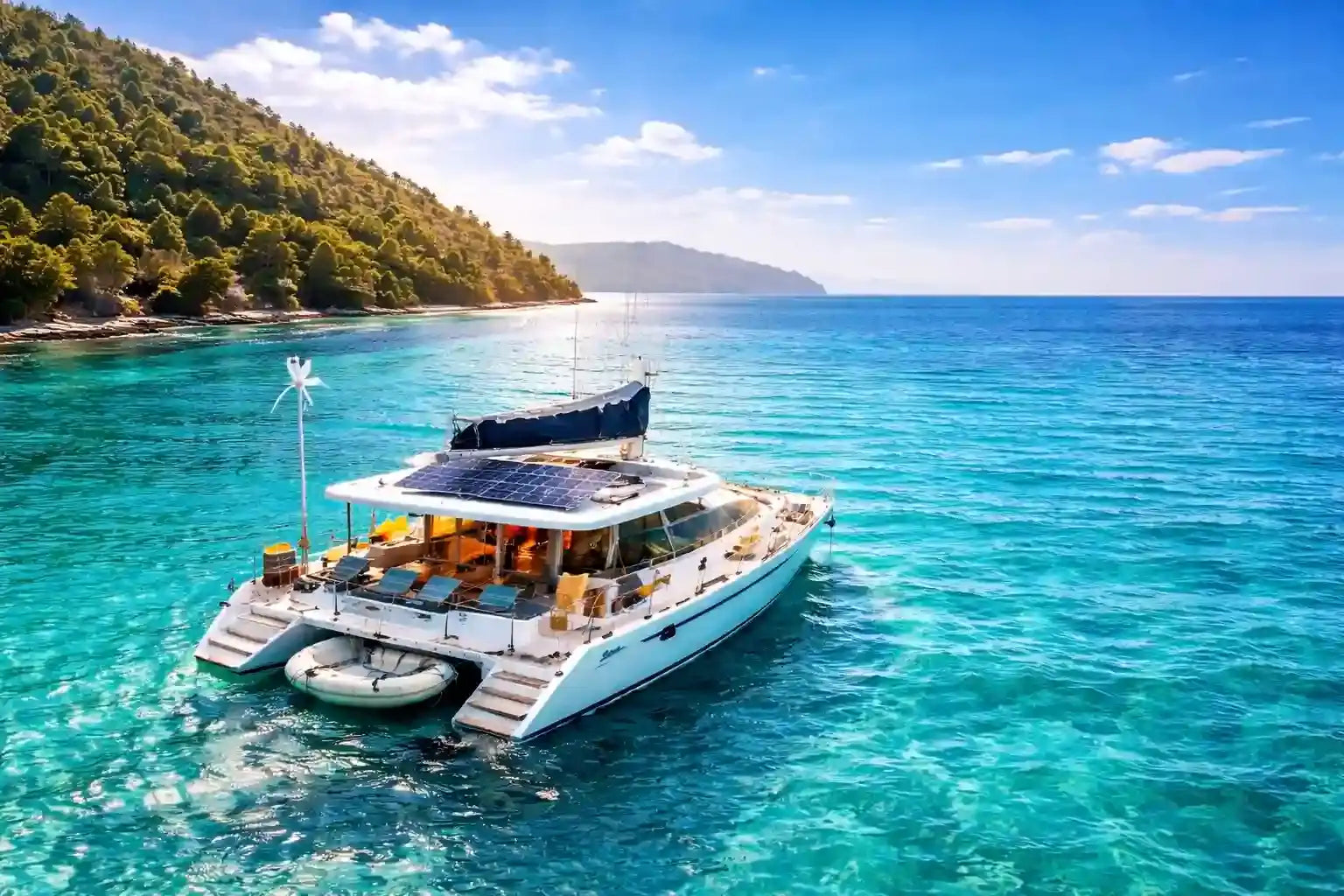 White catamaran with solar panels on its roof and a small inflatable boat attached to the side, floating in clear turquoise water.
