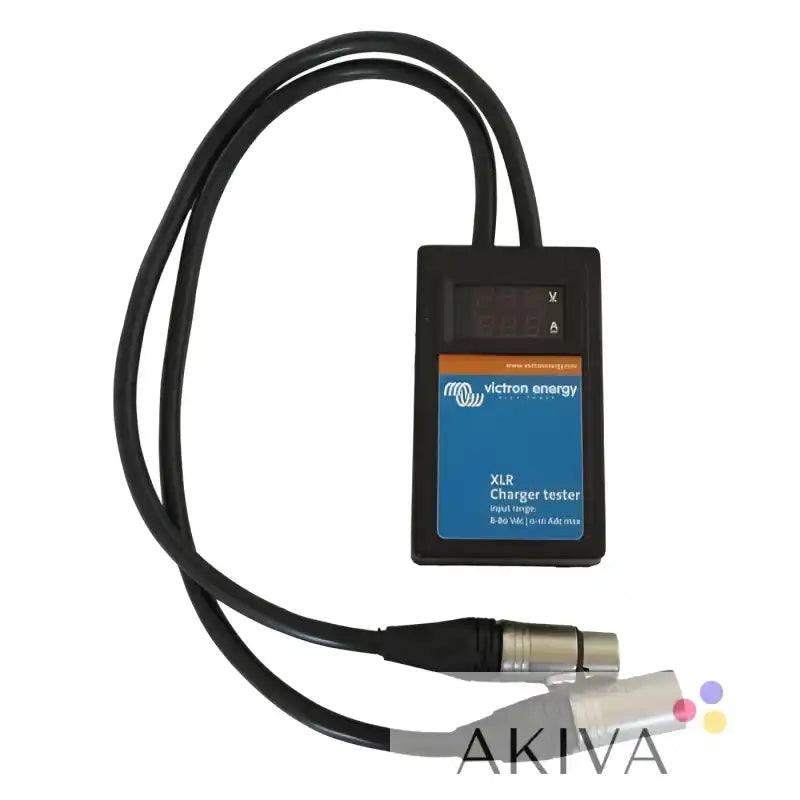 Black rectangular Victron Energy xlr charger tester 8-80Vdc 0-10Adc with digital display and silver xlr connectors